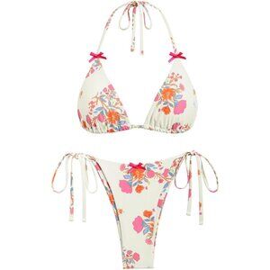 Seamoly LARGE Picot Trim Bow Halter Triangle String Tie Side Bikini Swimsuit NEW